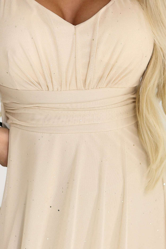 655-4 A long, shimmering dress with a plunging neckline and sheer sleeves - champagne beige