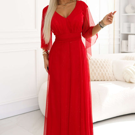 655-5 Long Light-Catching Shimmering Gown with Neckline and Sheer Sleeve - Red