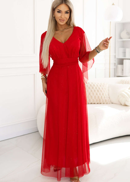 655-5 Long Light-Catching Shimmering Gown with Neckline and Sheer Sleeve - Red