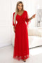 655-5 Long Light-Catching Shimmering Gown with Neckline and Sheer Sleeve - Red