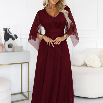 Burgundy Sheer Sleeve Long Gown with Neckline
