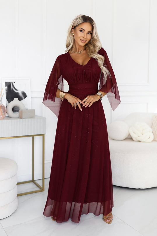 Burgundy Sheer Sleeve Long Gown with Neckline