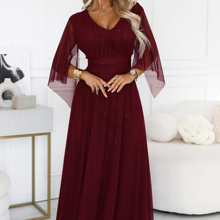 Burgundy Sheer Sleeve Long Gown with Neckline