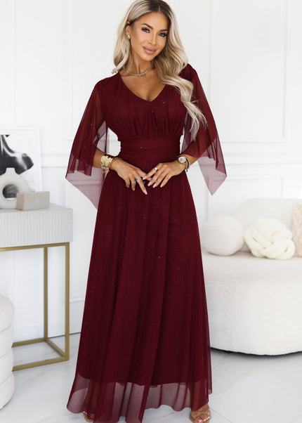 Burgundy Sheer Sleeve Long Gown with Neckline