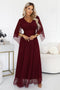 Burgundy Sheer Sleeve Long Gown with Neckline