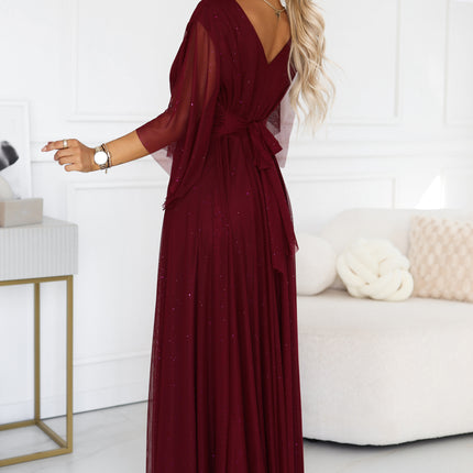 Burgundy Sheer Sleeve Long Gown with Neckline