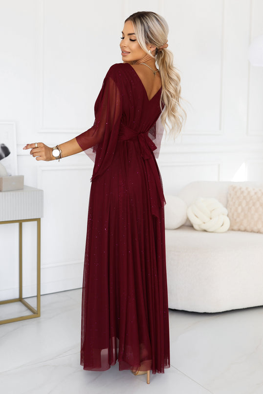 Burgundy Sheer Sleeve Long Gown with Neckline