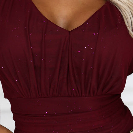 Burgundy Sheer Sleeve Long Gown with Neckline