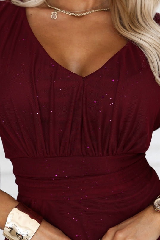 Burgundy Sheer Sleeve Long Gown with Neckline