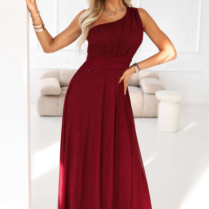 656-1 Long, shiny, one-shoulder evening dress - burgundy