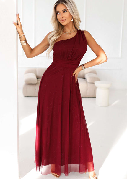 656-1 Long, shiny, one-shoulder evening dress - burgundy