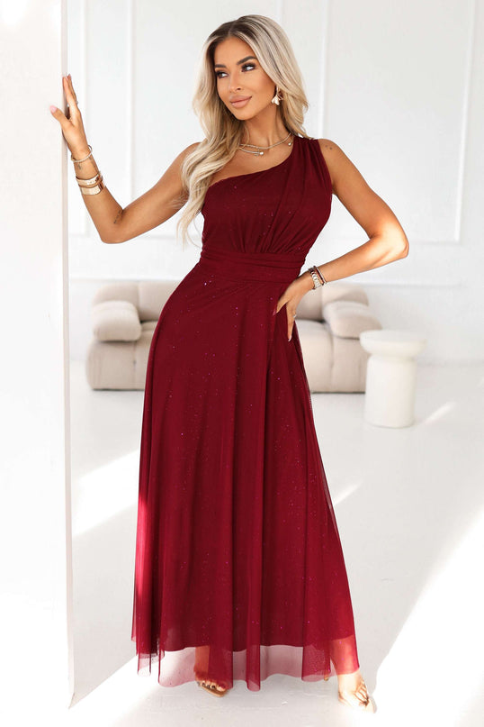 656-1 Long, shiny, one-shoulder evening dress - burgundy