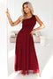 656-1 Long, shiny, one-shoulder evening dress - burgundy