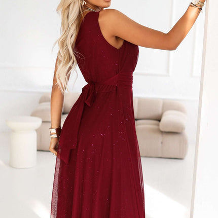 656-1 Long, shiny, one-shoulder evening dress - burgundy