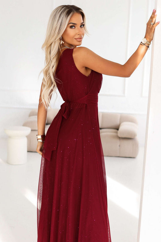 656-1 Long, shiny, one-shoulder evening dress - burgundy