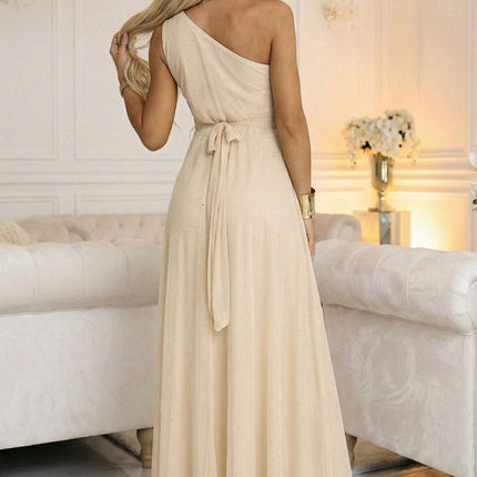 656-2 Long, sparkling, one-shoulder evening dress - champagne beige