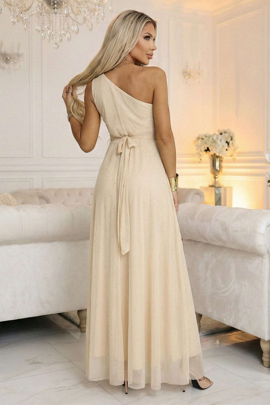 656-2 Long, sparkling, one-shoulder evening dress - champagne beige