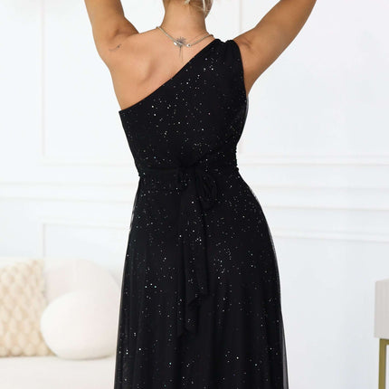 656-3 Long, shiny, one-shoulder evening dress - classic black