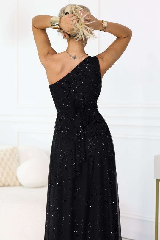 656-3 Long, shiny, one-shoulder evening dress - classic black