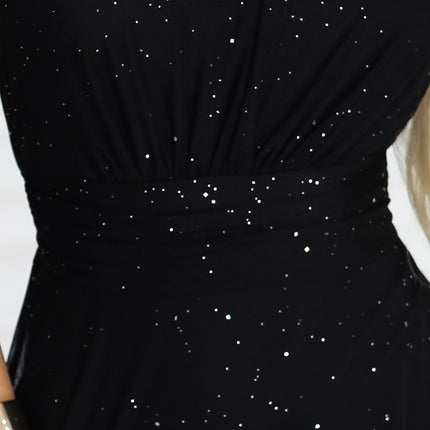 656-3 Long, shiny, one-shoulder evening dress - classic black