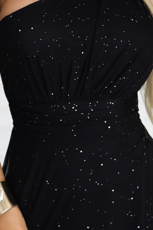 656-3 Long, shiny, one-shoulder evening dress - classic black