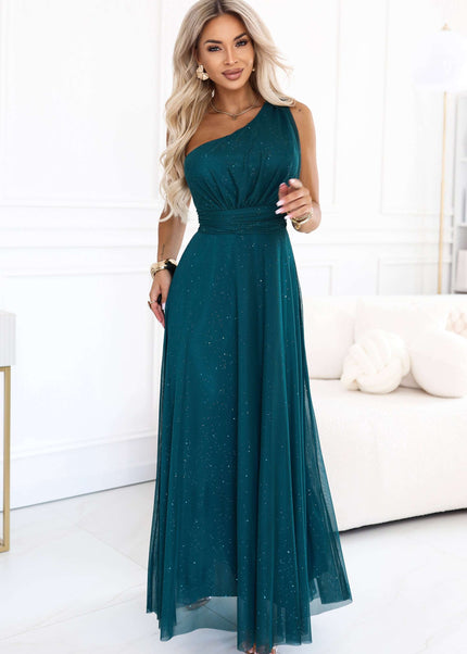 656-4 Long glittery evening dress with one shoulder - bottle green