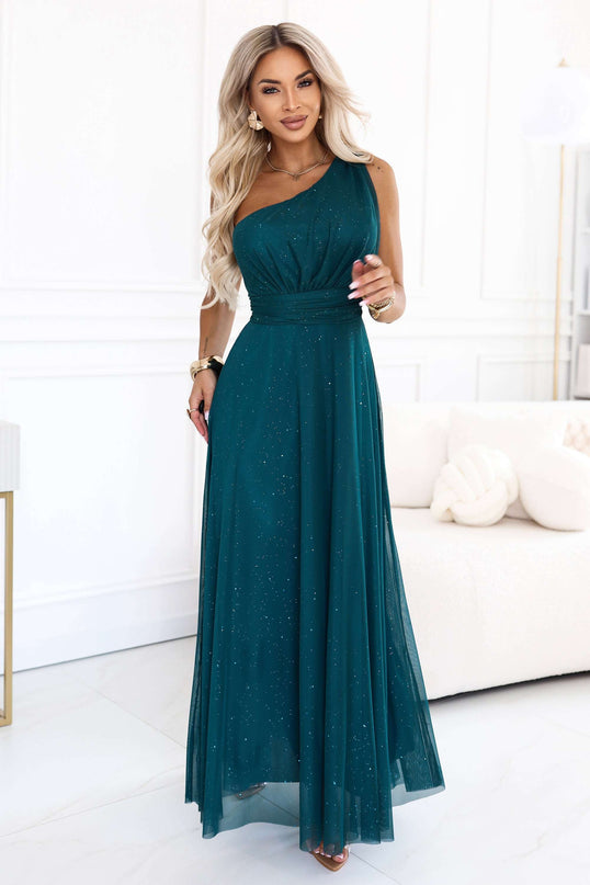 656-4 Long glittery evening dress with one shoulder - bottle green