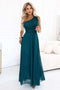 656-4 Long glittery evening dress with one shoulder - bottle green