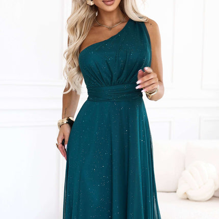 656-4 Long glittery evening dress with one shoulder - bottle green