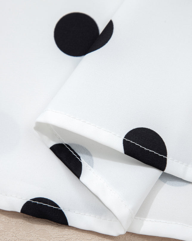 White Polka Dot Print Round Neck Frilled Long Sleeve Blouse