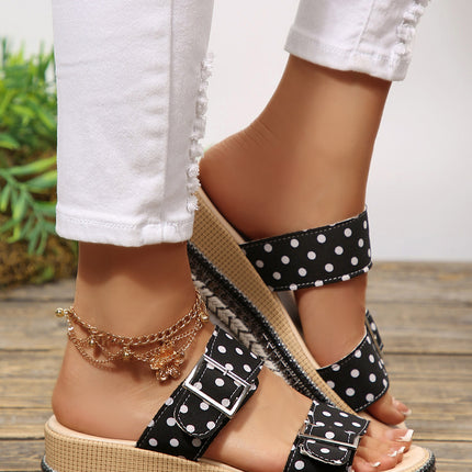 Black Polka Dot Double Buckle Platform Slippers