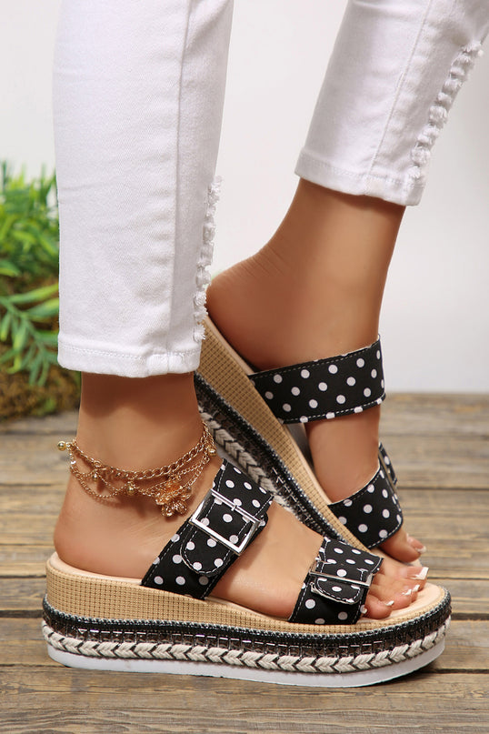 Black Polka Dot Double Buckle Platform Slippers