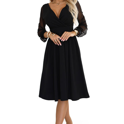 657-1 Elegant midi dress with a wrap neckline and tulle sleeves - black