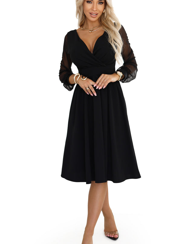 657-1 Elegant midi dress with a wrap neckline and tulle sleeves - black