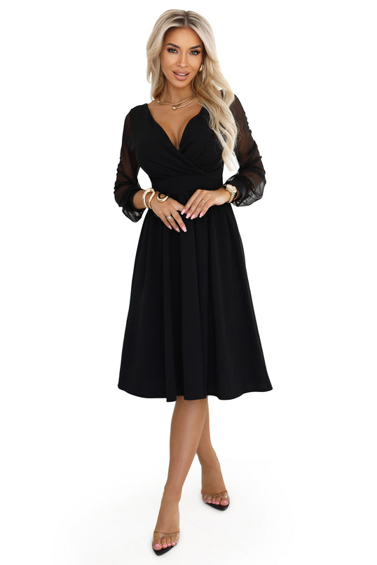 657-1 Elegant midi dress with a wrap neckline and tulle sleeves - black