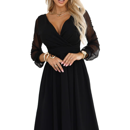 657-1 Elegant midi dress with a wrap neckline and tulle sleeves - black