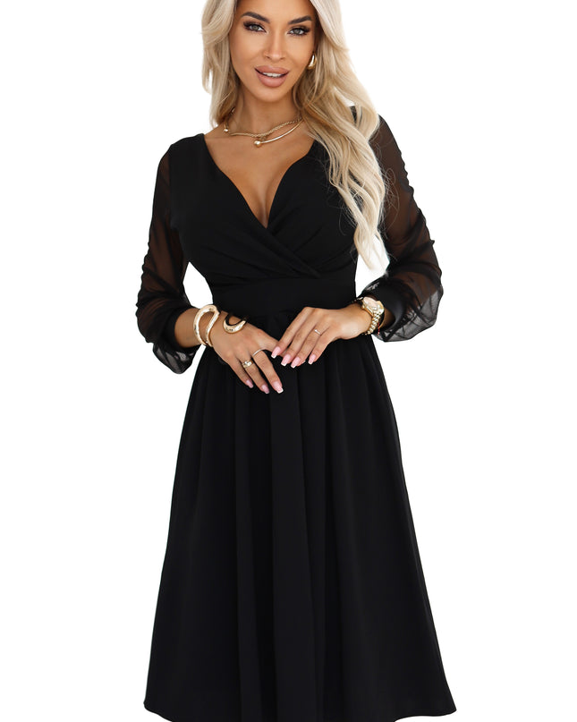657-1 Elegant midi dress with a wrap neckline and tulle sleeves - black