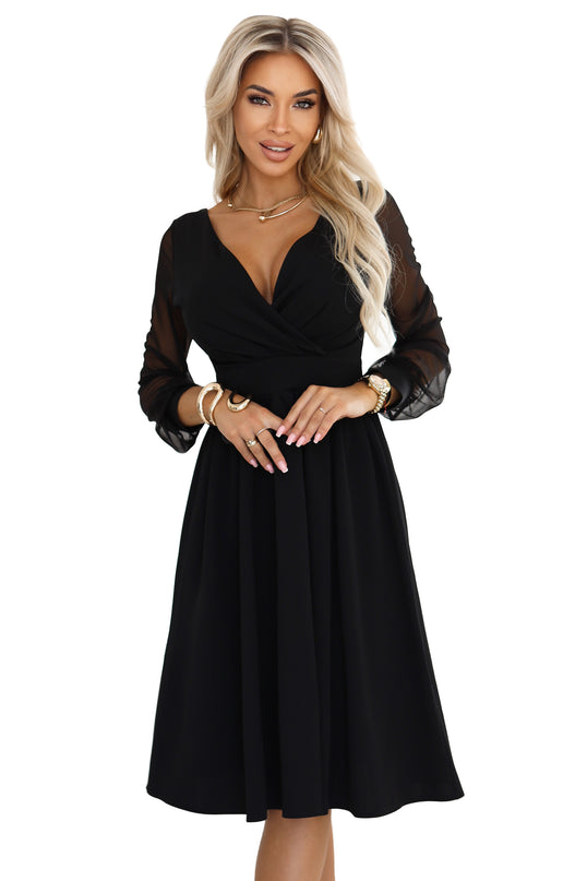 657-1 Elegant midi dress with a wrap neckline and tulle sleeves - black