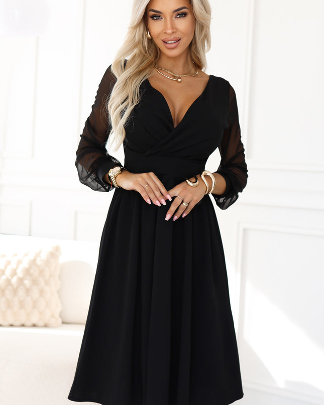 657-1 Elegant midi dress with a wrap neckline and tulle sleeves - black