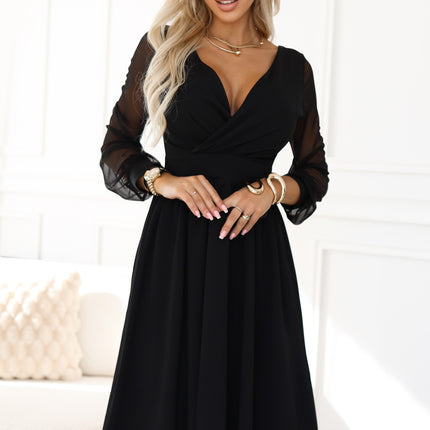 657-1 Elegant midi dress with a wrap neckline and tulle sleeves - black
