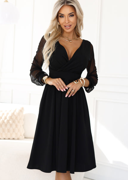 657-1 Elegant midi dress with a wrap neckline and tulle sleeves - black