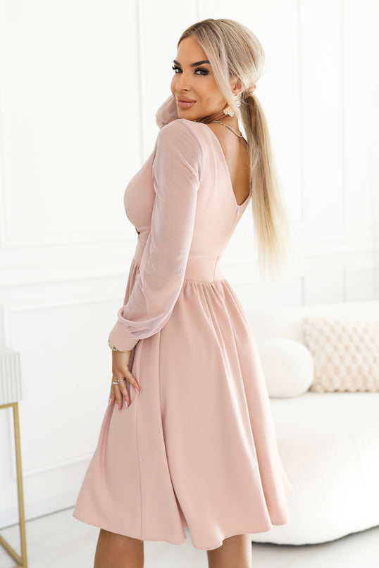 657-2 Elegant midi dress with wrap neckline and tulle sleeves - beige