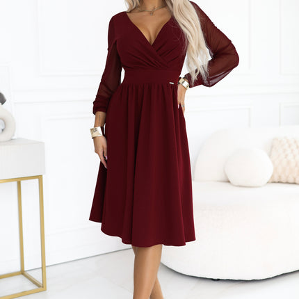 22323-3-657-3 Elegant midi dress with a wrap neckline and tulle sleeves - burgundy-3