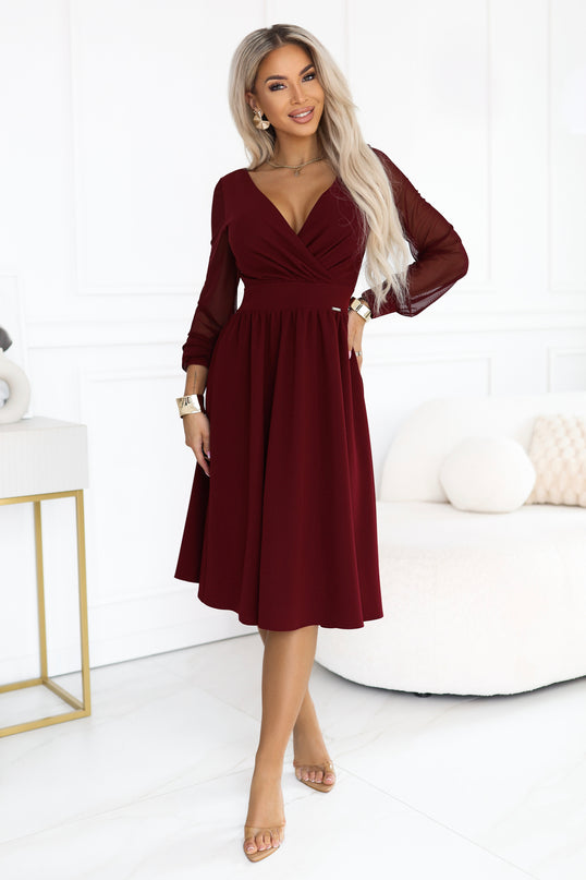 Burgundy Midi Dress with Wrap Neckline and Tulle Sleeves
