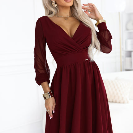 22323-2-657-3 Elegant midi dress with a wrap neckline and tulle sleeves - burgundy-2