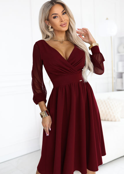 22323-2-657-3 Elegant midi dress with a wrap neckline and tulle sleeves - burgundy-2