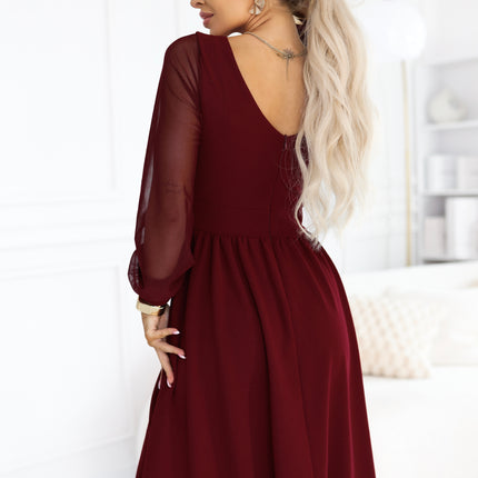 22323-4-657-3 Elegant midi dress with a wrap neckline and tulle sleeves - burgundy-4