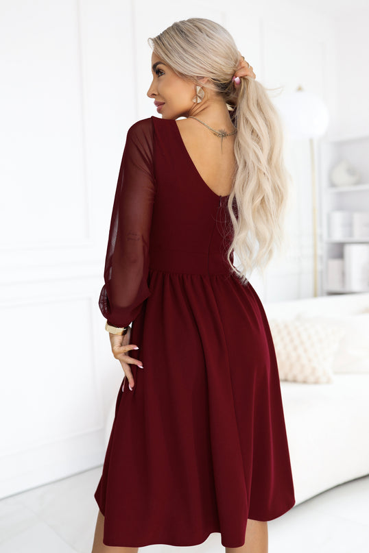 Burgundy Midi Dress with Wrap Neckline and Tulle Sleeves