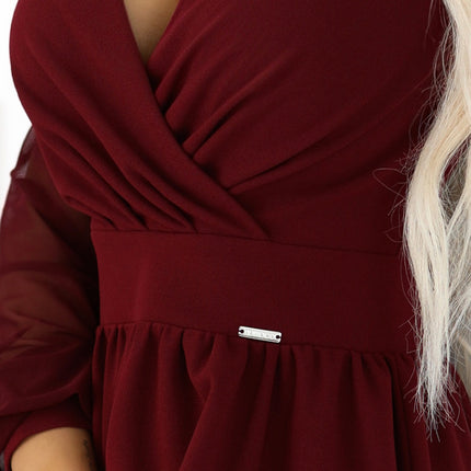22323-7-657-3 Elegant midi dress with a wrap neckline and tulle sleeves - burgundy-7
