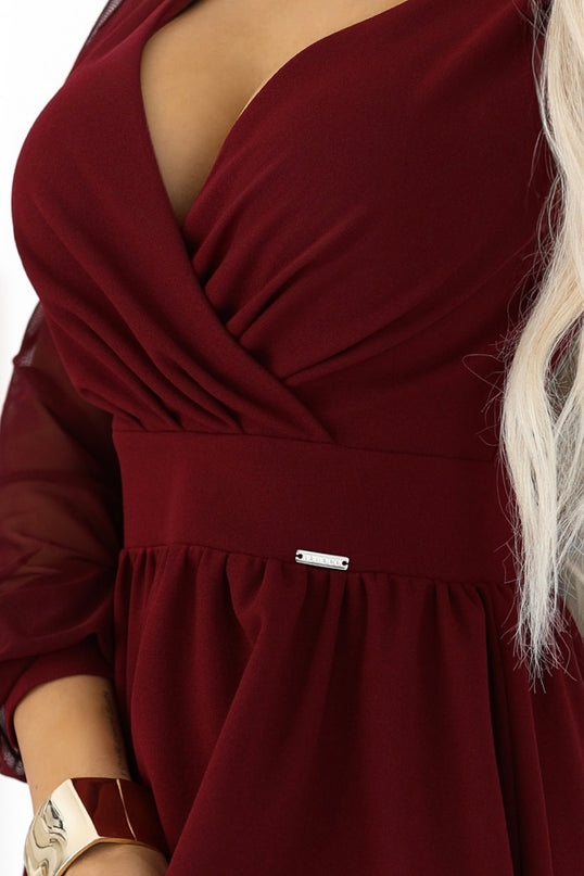 Burgundy Midi Dress with Wrap Neckline and Tulle Sleeves